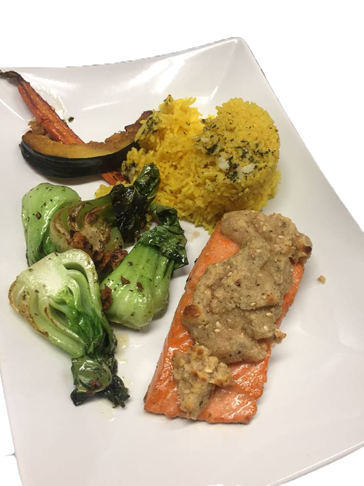 Pan fried Salmon in Garlic Butter with Rice and Roasted Vegitables Pair the Salmon with your favorite Crowsnest Vineyards Wine Selection
